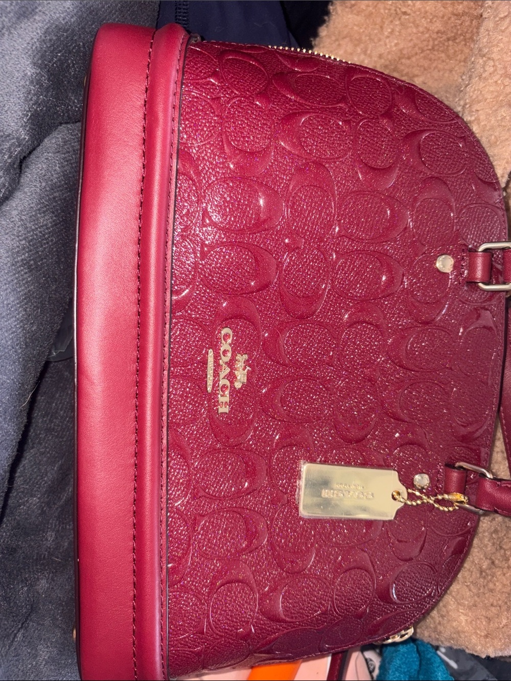 COACH Embossed Signature Dome Crossbody in Deep Red with Gold Hardware